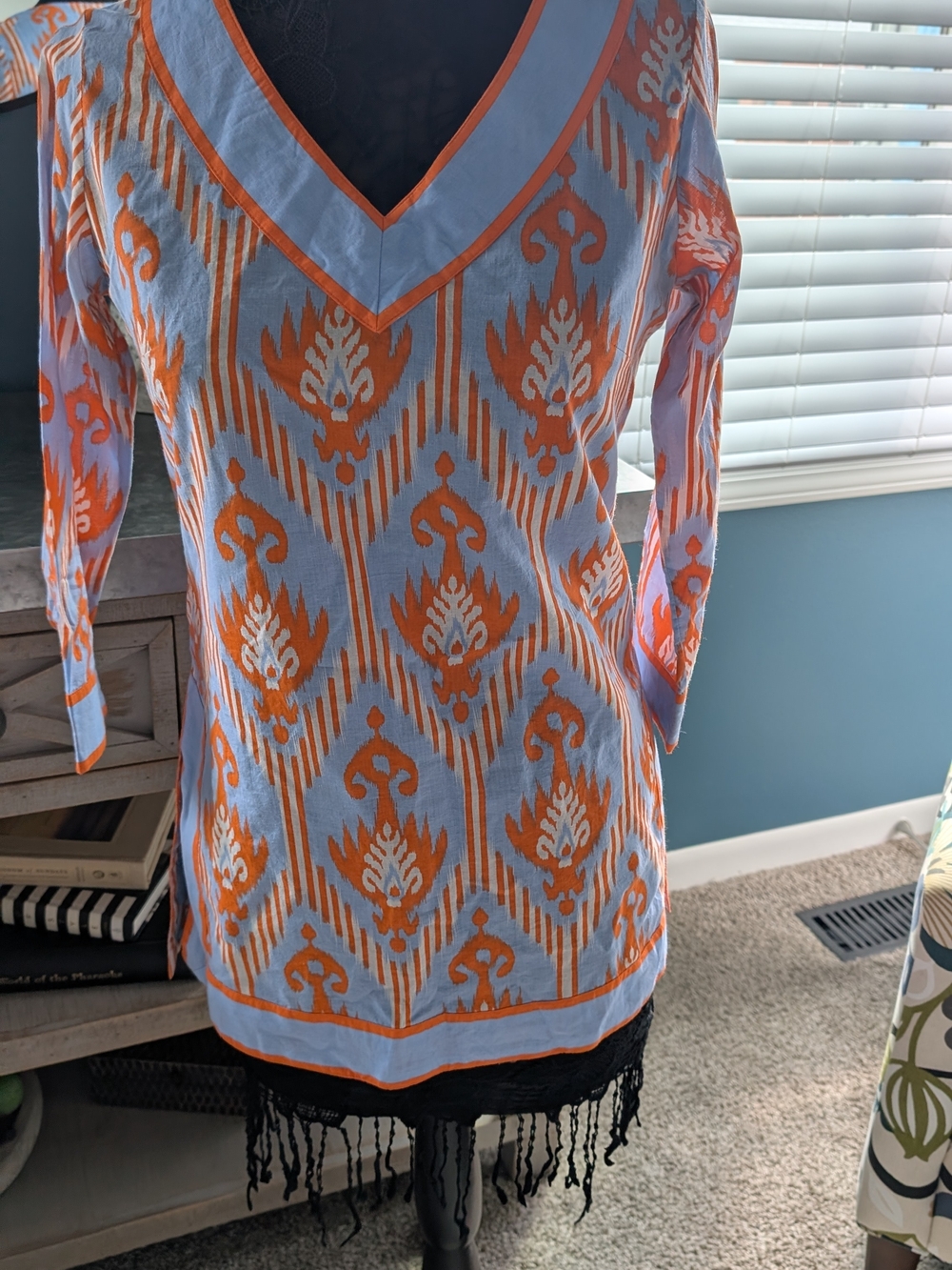 Gretchen Scott Designs Orange & Light Blue V-Neck Printed Tunic